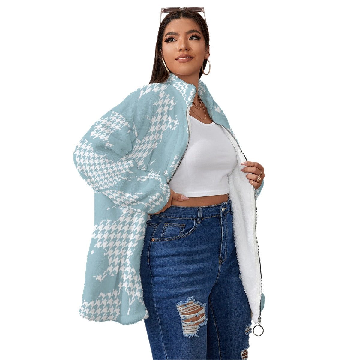 All-Over Print Unisex Borg Fleece Stand-up Collar Coat With Zipper Closure(Plus Size)