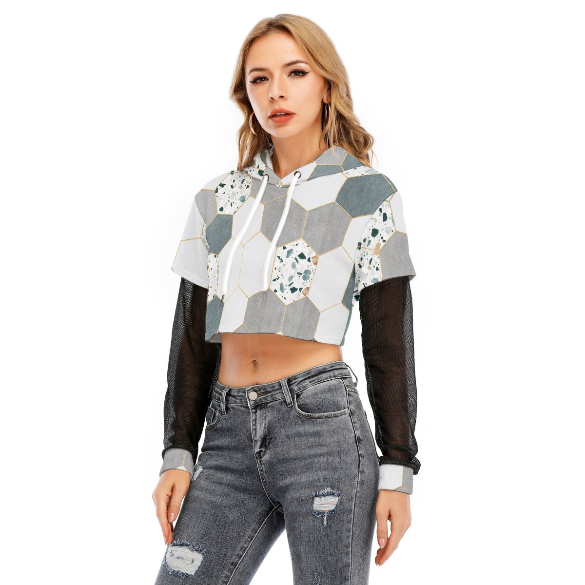 All-Over Print Women's Fake Two-piece Mesh Sleeve Cropped Hoodie