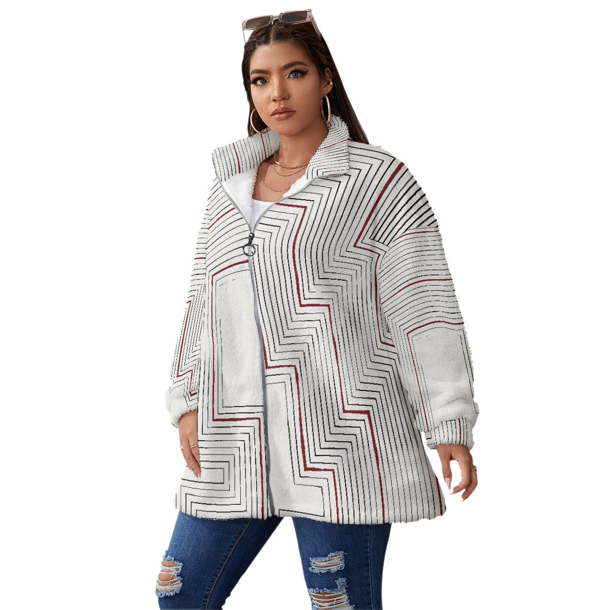 All-Over Print Unisex Borg Fleece Stand-up Collar Coat With Zipper Closure(Plus Size)