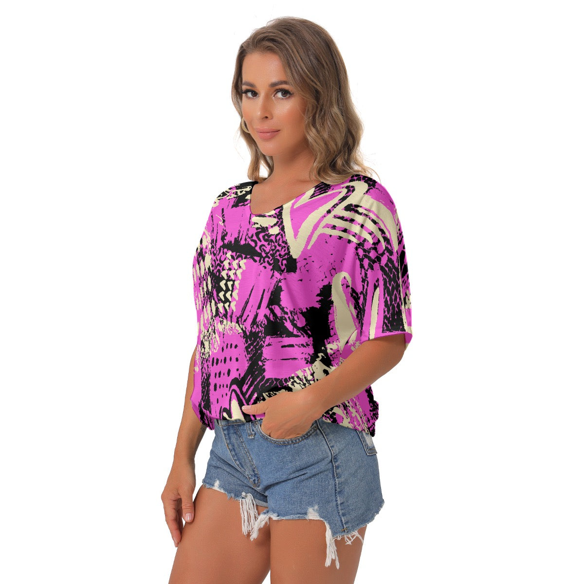 All-Over Print Women's Bat Sleeves V-Neck Blouse