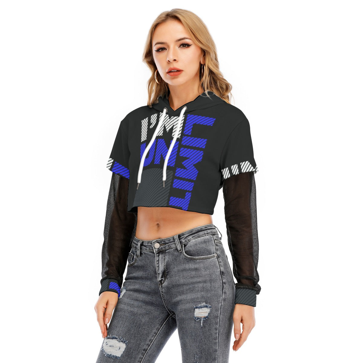 All-Over Print Women's Fake Two-piece Mesh Sleeve Cropped Hoodie