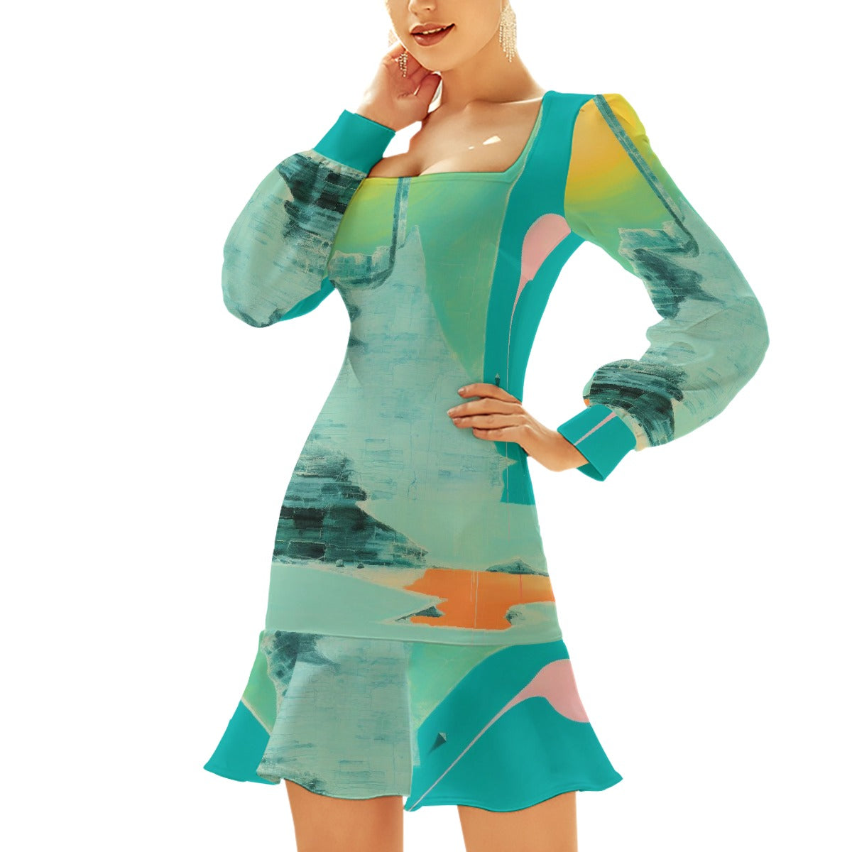 All-Over Print Women's Ruffle Hem Skinny Dress