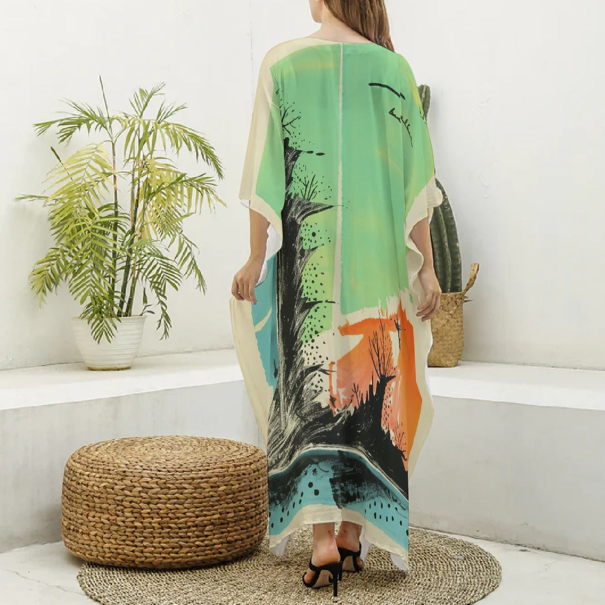 All-Over Print Women's Imitation Silk V-neck Kaftan Robe