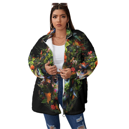 All-Over Print Unisex Borg Fleece Stand-up Collar Coat With Zipper Closure(Plus Size)