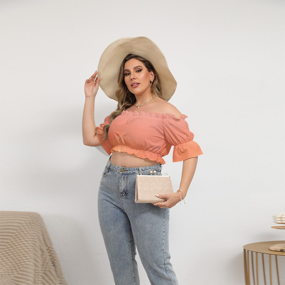 All-Over Print Women's Off-shoulder Cropped Top With Short Puff Sleeve