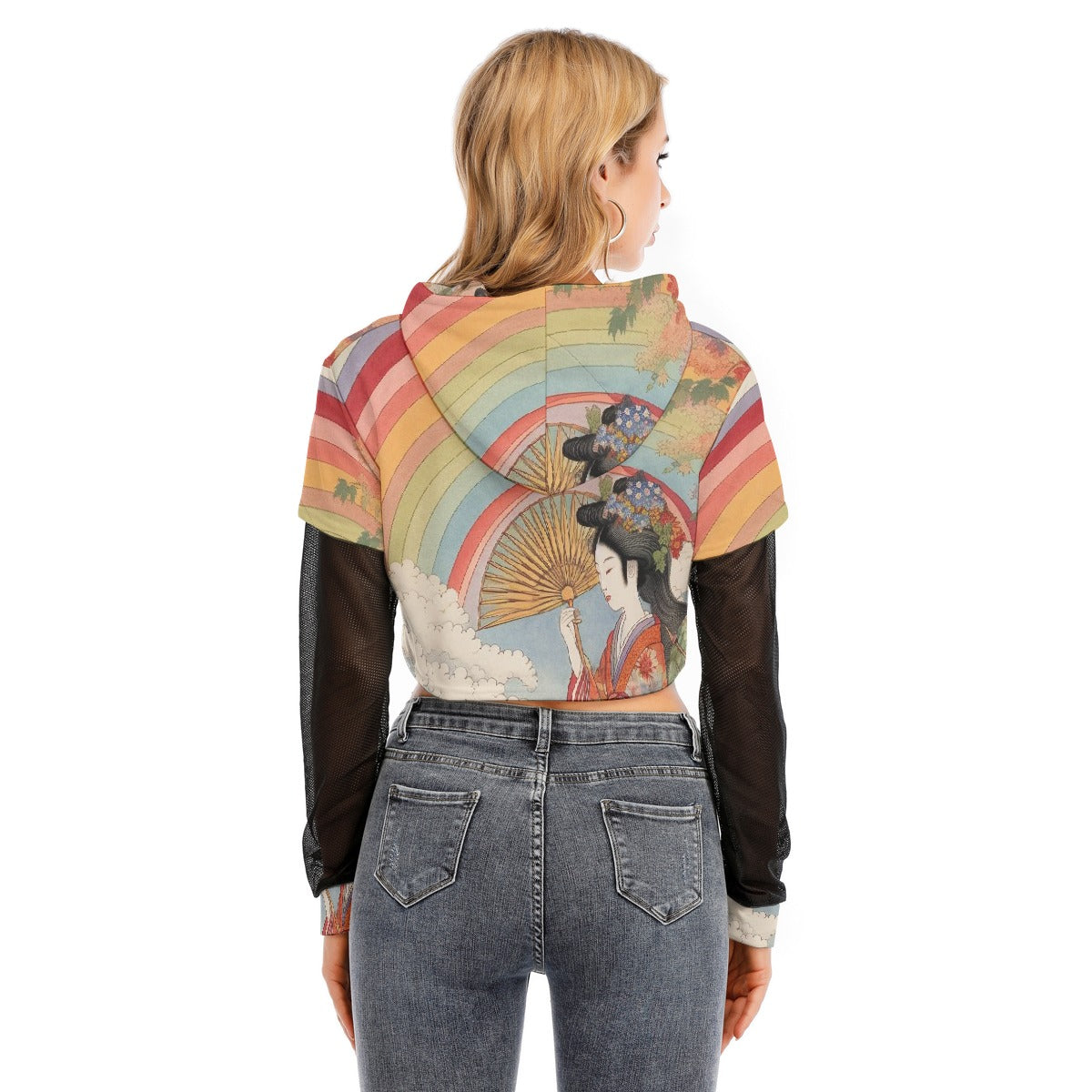 All-Over Print Women's Fake Two-piece Mesh Sleeve Cropped Hoodie