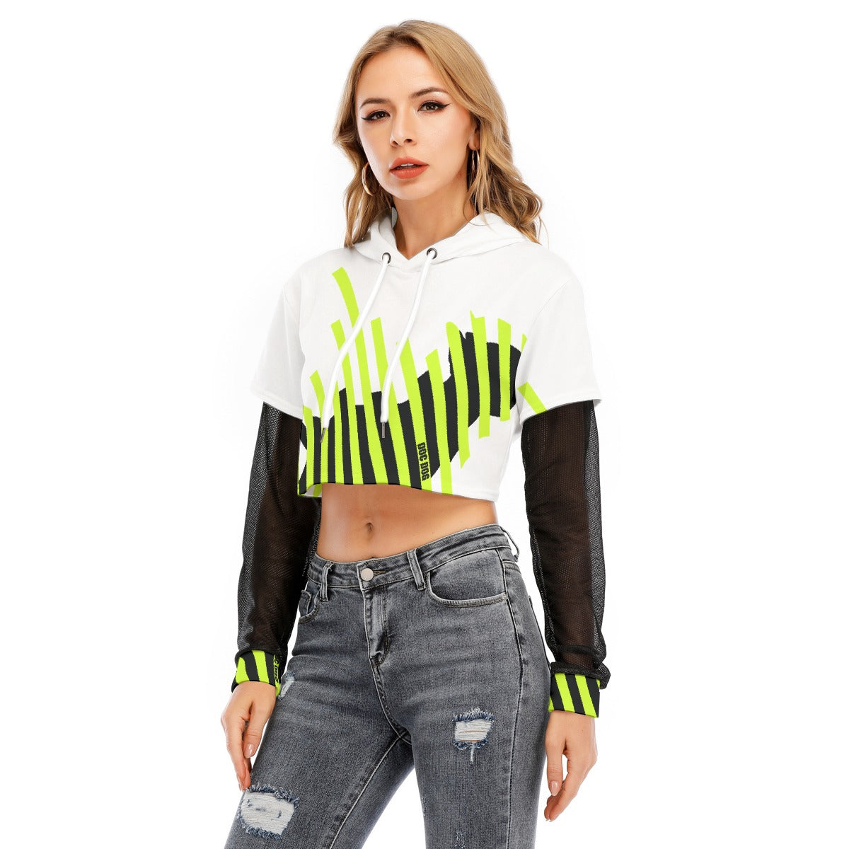 All-Over Print Women's Fake Two-piece Mesh Sleeve Cropped Hoodie
