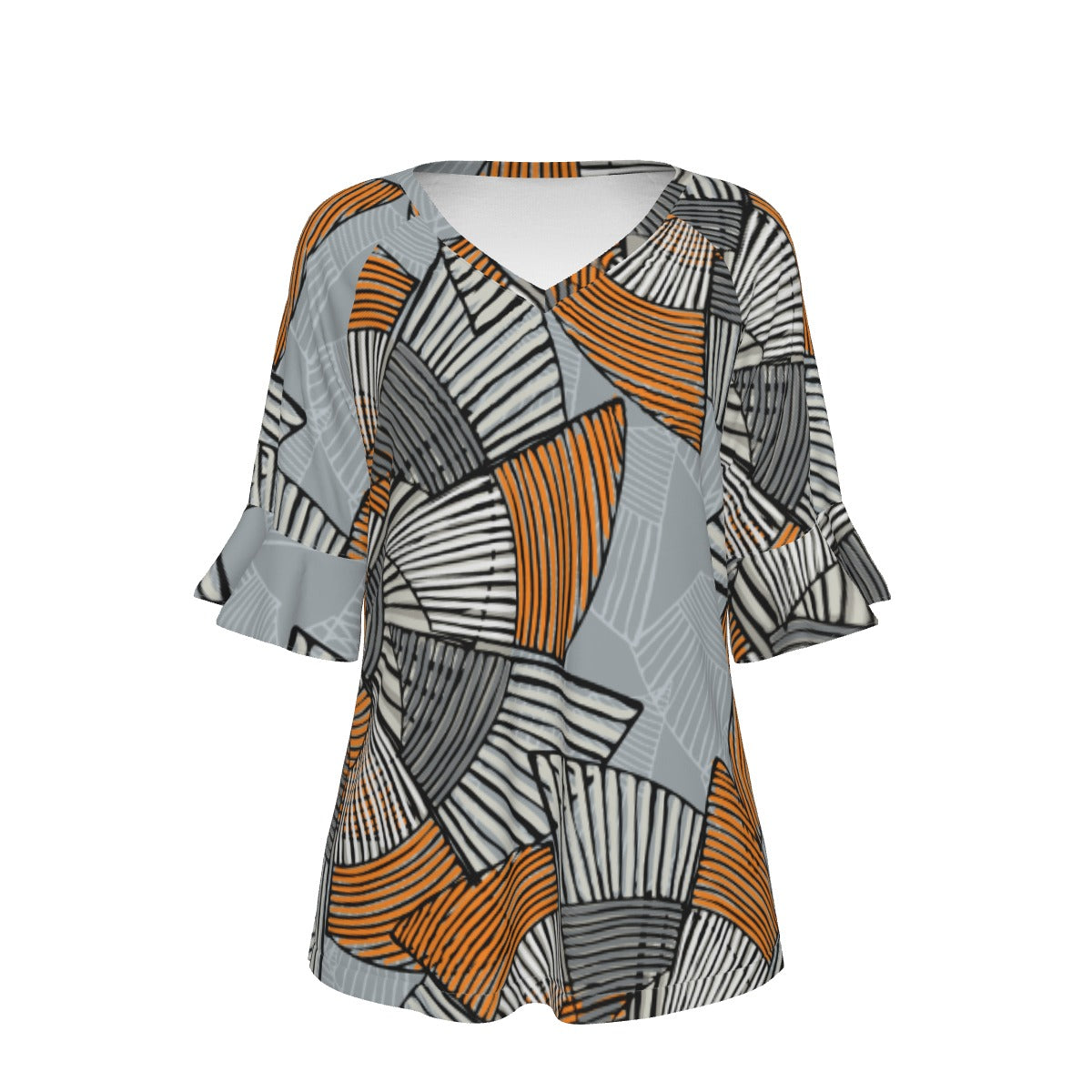 All-Over Print V-neck Women's T-shirt With Bell Sleeve