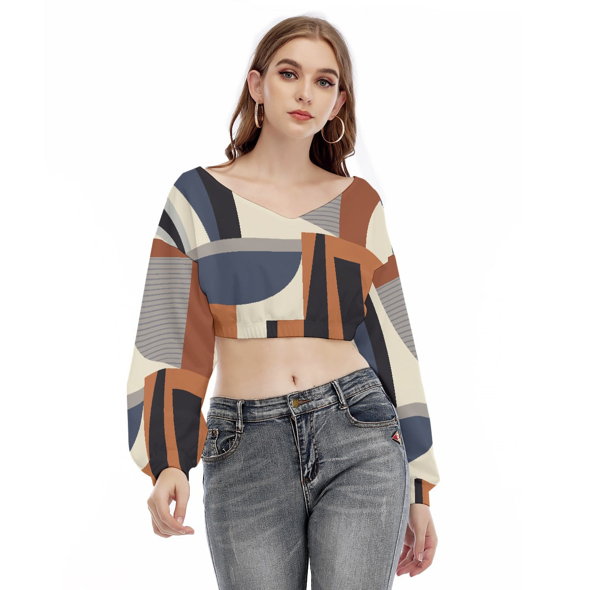 All-Over Print Women's V-neck Long Sleeve Cropped Sweatshirt