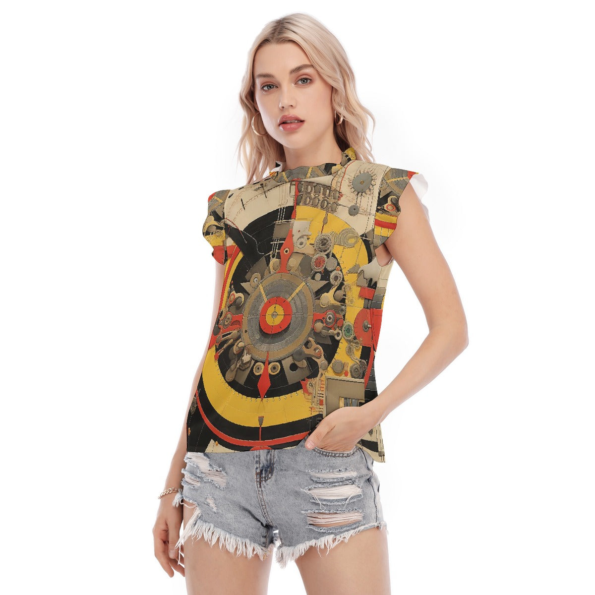 All-Over Print Women's Blouse With Ruffle Collar And Sleeve