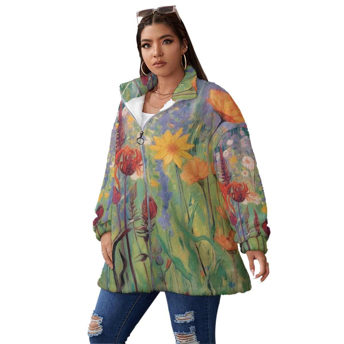 All-Over Print Unisex Borg Fleece Stand-up Collar Coat With Zipper Closure(Plus Size)