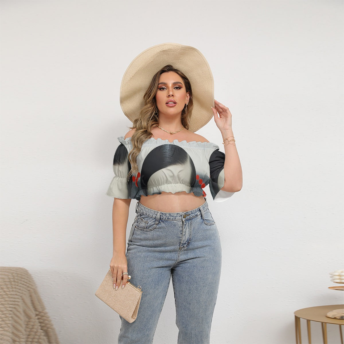 All-Over Print Women's Off-shoulder Cropped Top With Short Puff Sleeve