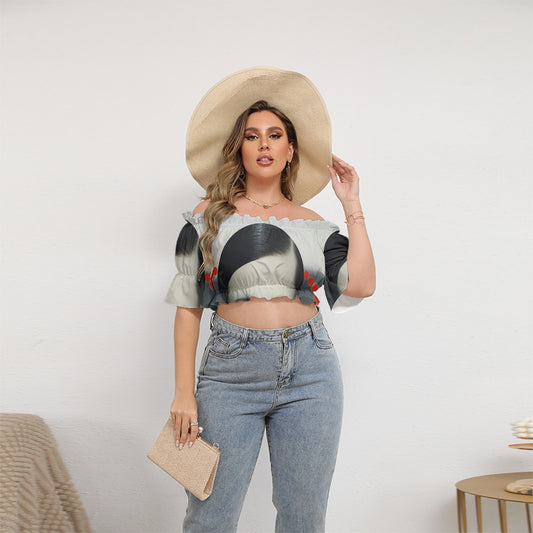 All-Over Print Women's Off-shoulder Cropped Top With Short Puff Sleeve