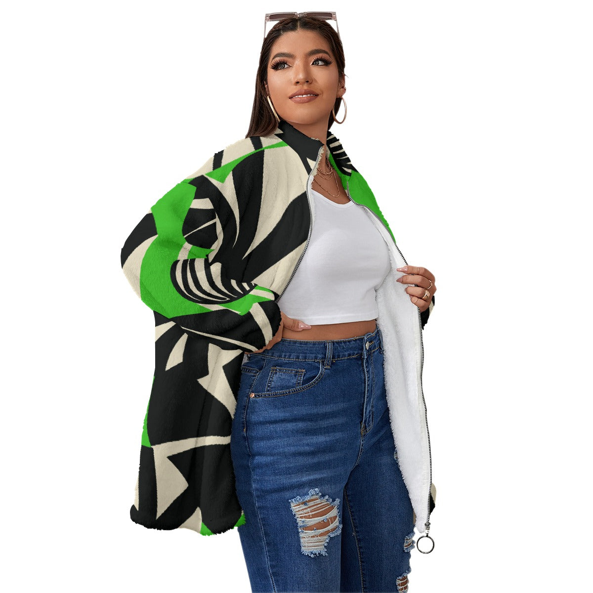 All-Over Print Unisex Borg Fleece Stand-up Collar Coat With Zipper Closure(Plus Size)