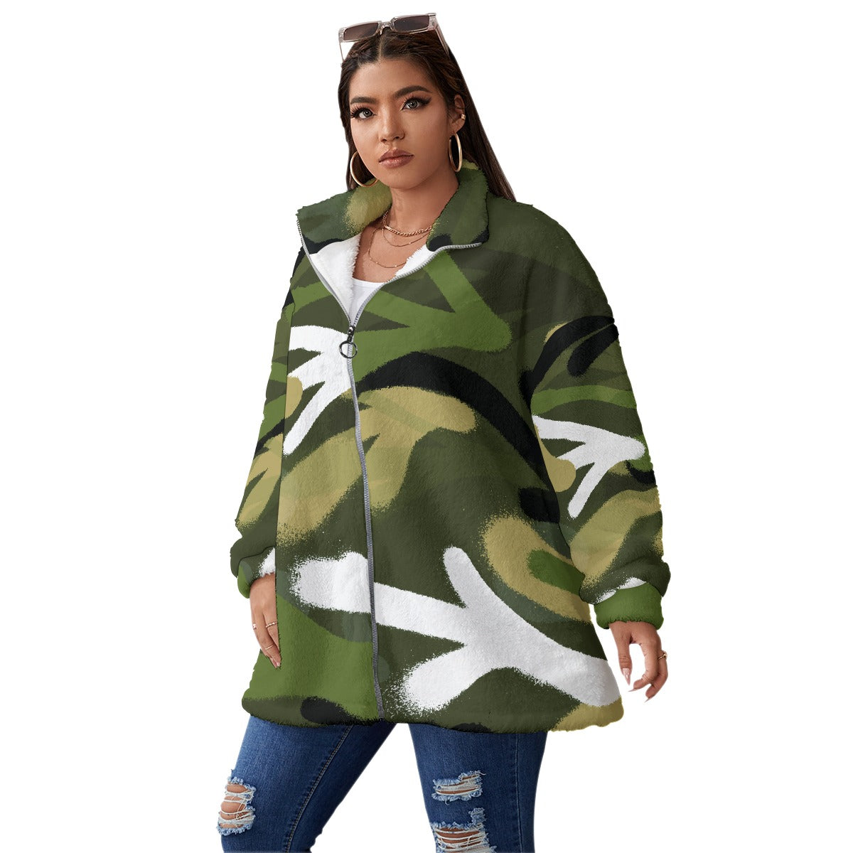 All-Over Print Unisex Borg Fleece Stand-up Collar Coat With Zipper Closure(Plus Size)