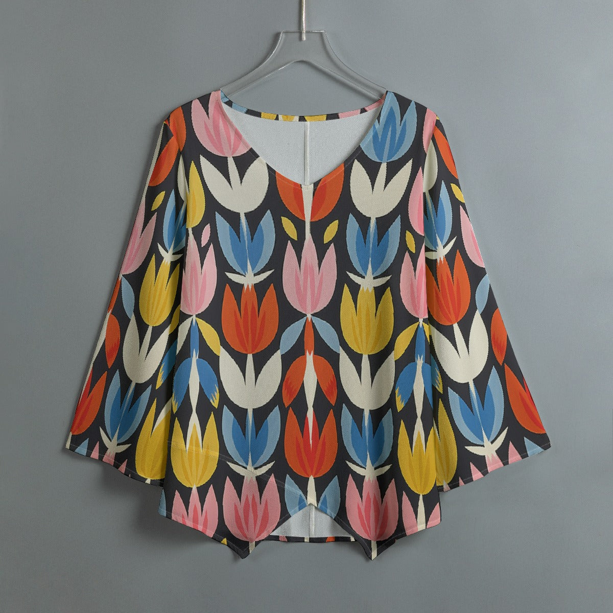 All-Over Print Women's V-neck T-shirt With Irregular Hem