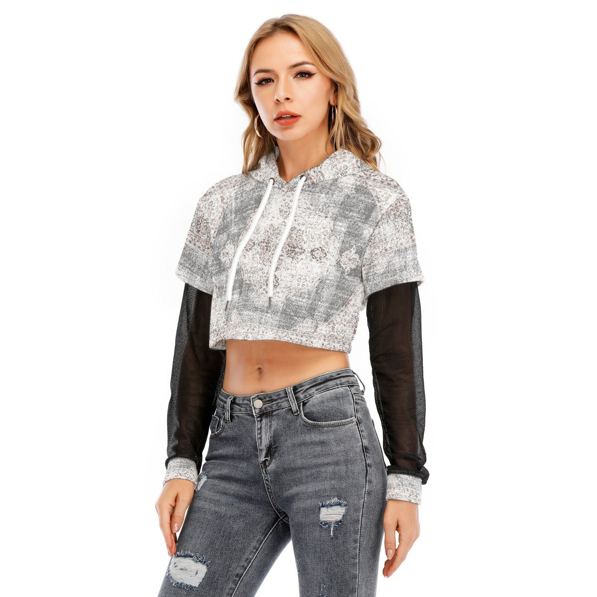 All-Over Print Women's Fake Two-piece Mesh Sleeve Cropped Hoodie
