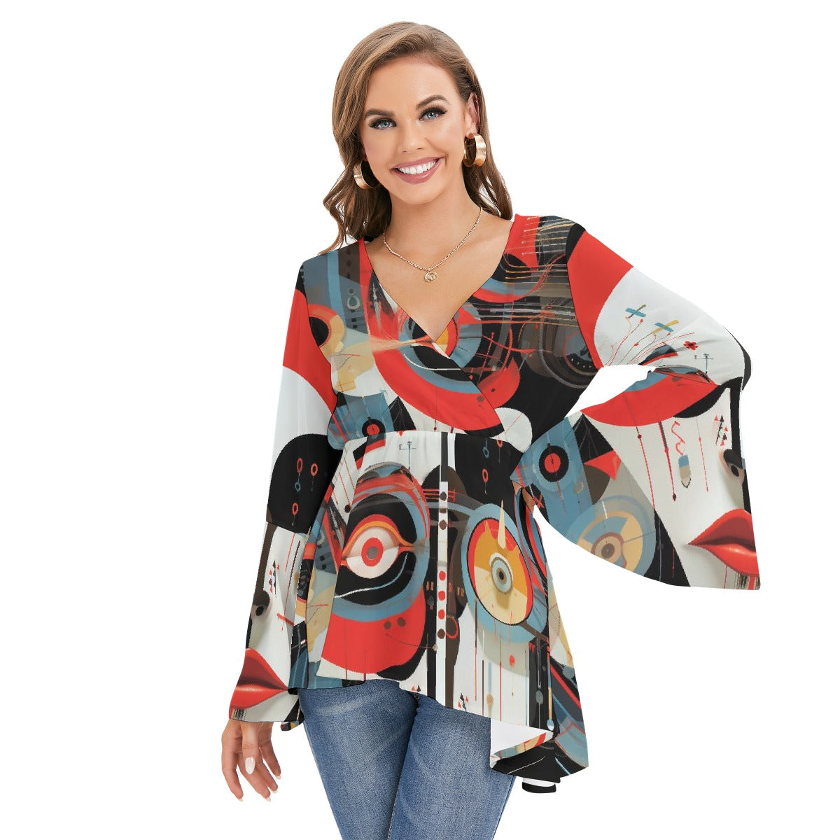All-Over Print Women's V-neck Blouse With Flared Sleeves
