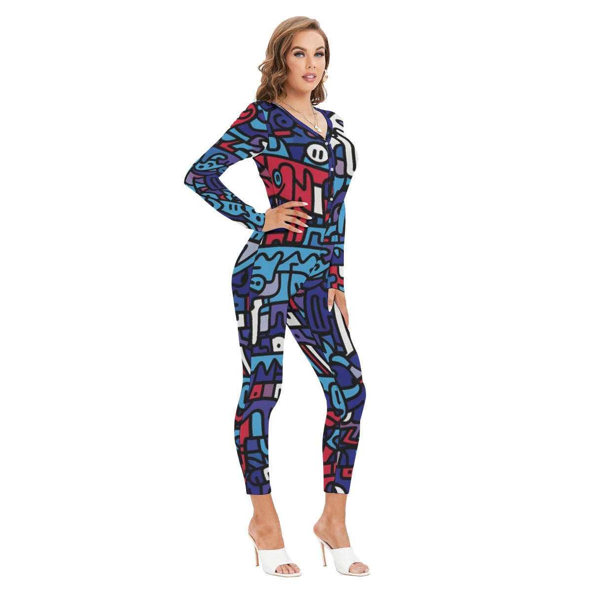 All-Over Print Women's Plunging Neck Jumpsuit