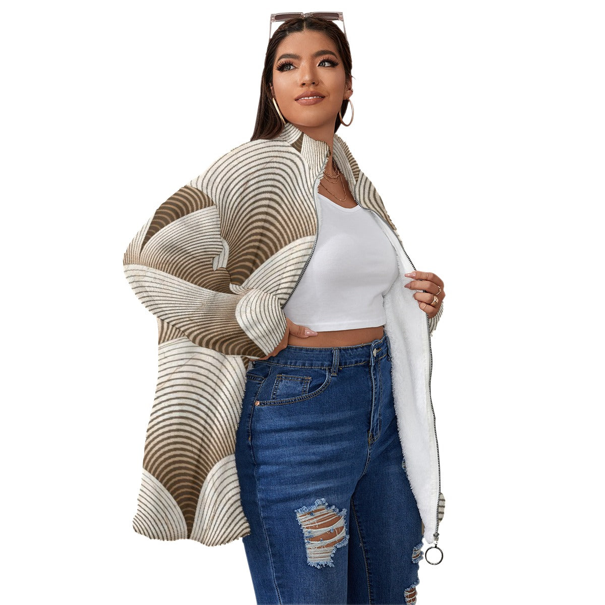 All-Over Print Unisex Borg Fleece Stand-up Collar Coat With Zipper Closure(Plus Size)