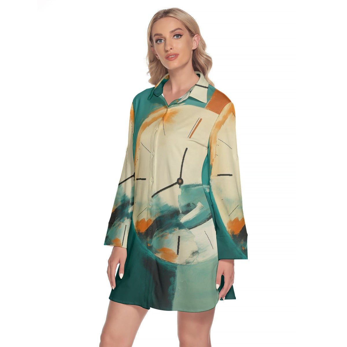 All-Over Print Women's Lapel Shirt Dress With Long Sleeve