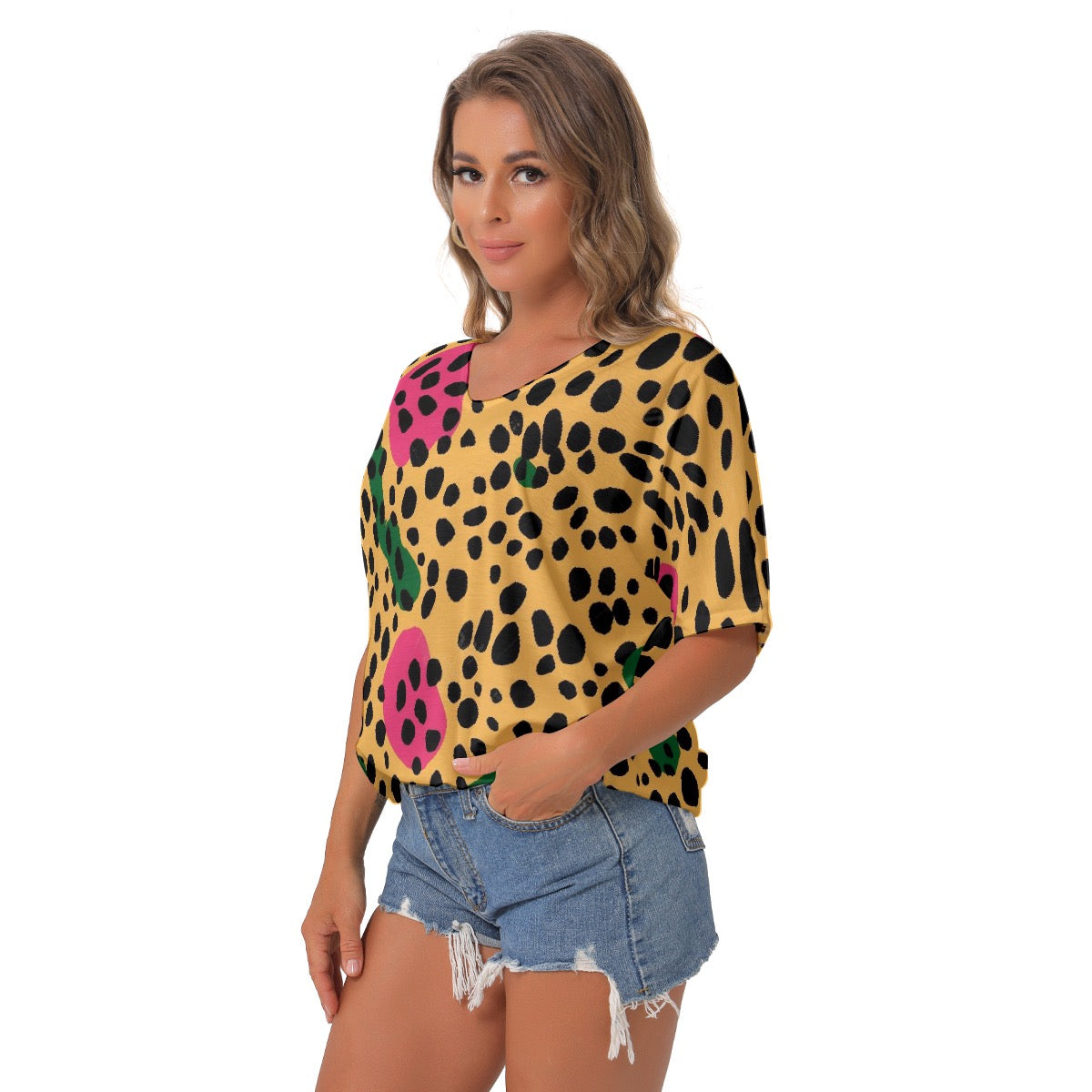 All-Over Print Women's Bat Sleeves V-Neck Blouse