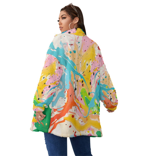 All-Over Print Unisex Borg Fleece Stand-up Collar Coat With Zipper Closure(Plus Size)