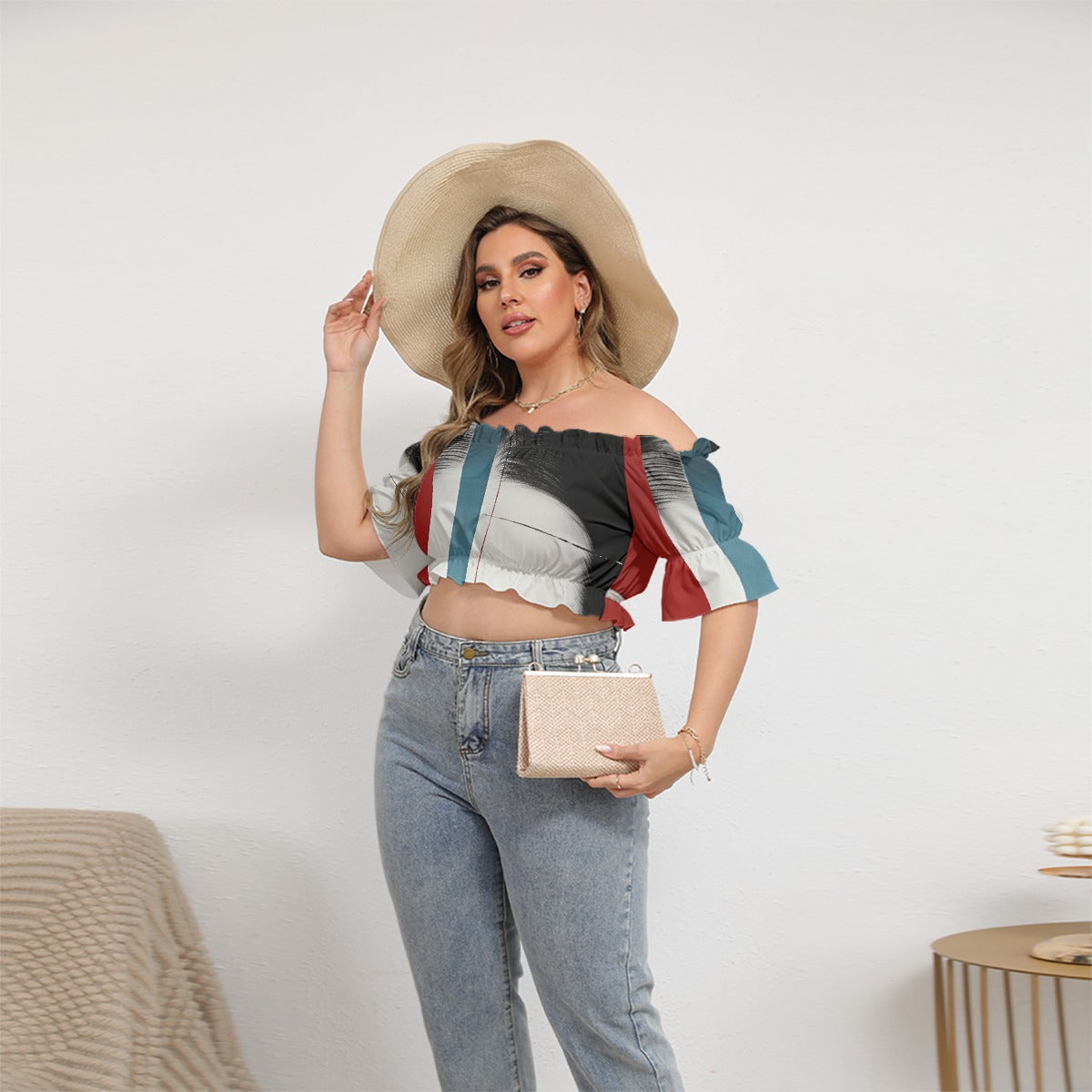 All-Over Print Women's Off-shoulder Cropped Top With Short Puff Sleeve