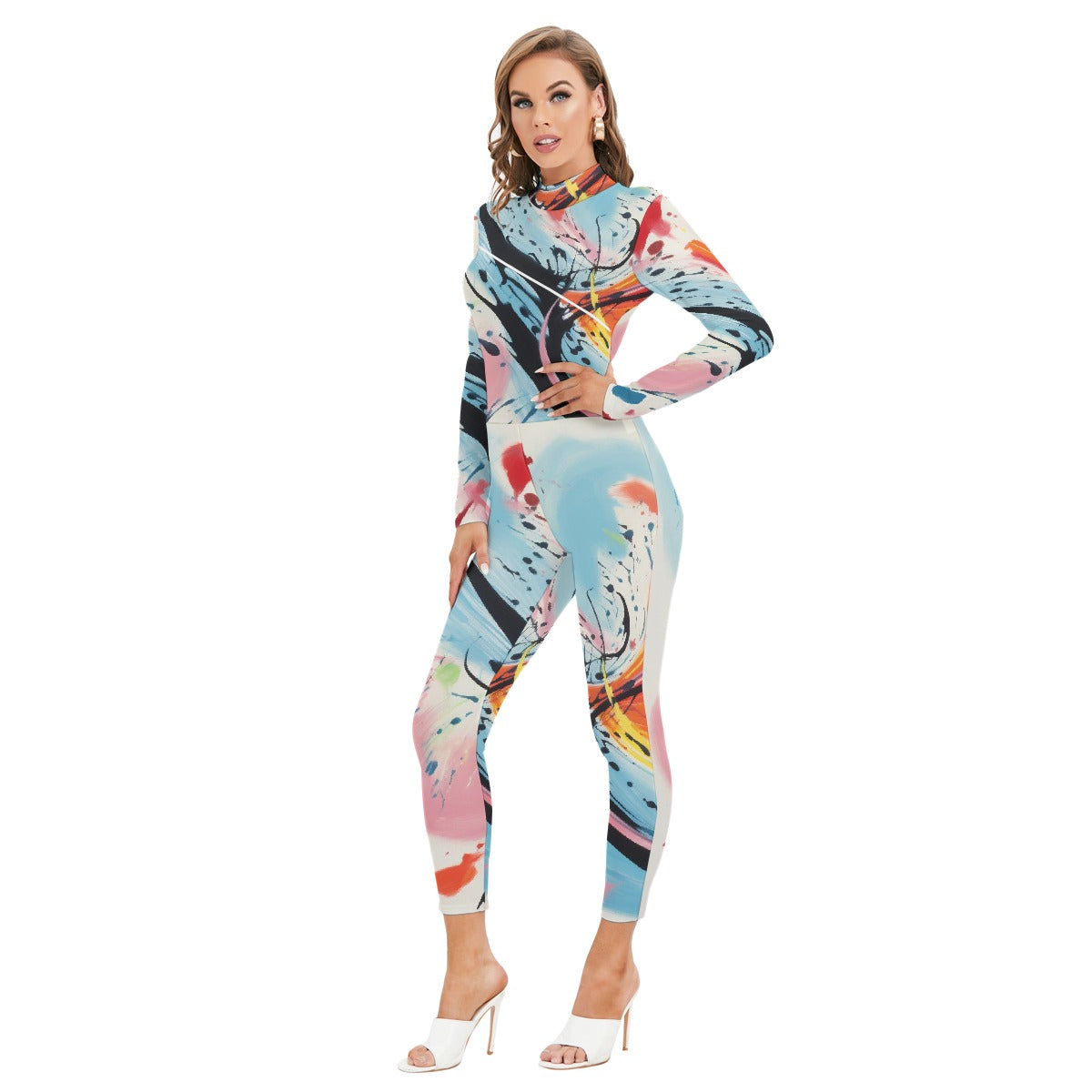All-Over Print Women's Long-sleeved High-neck Jumpsuit With Zipper