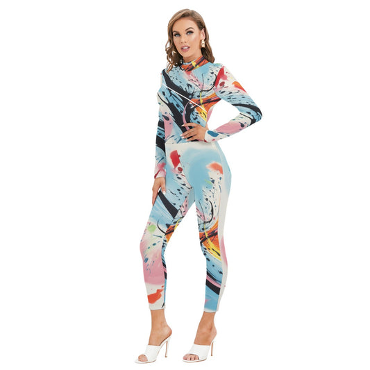 All-Over Print Women's Long-sleeved High-neck Jumpsuit With Zipper