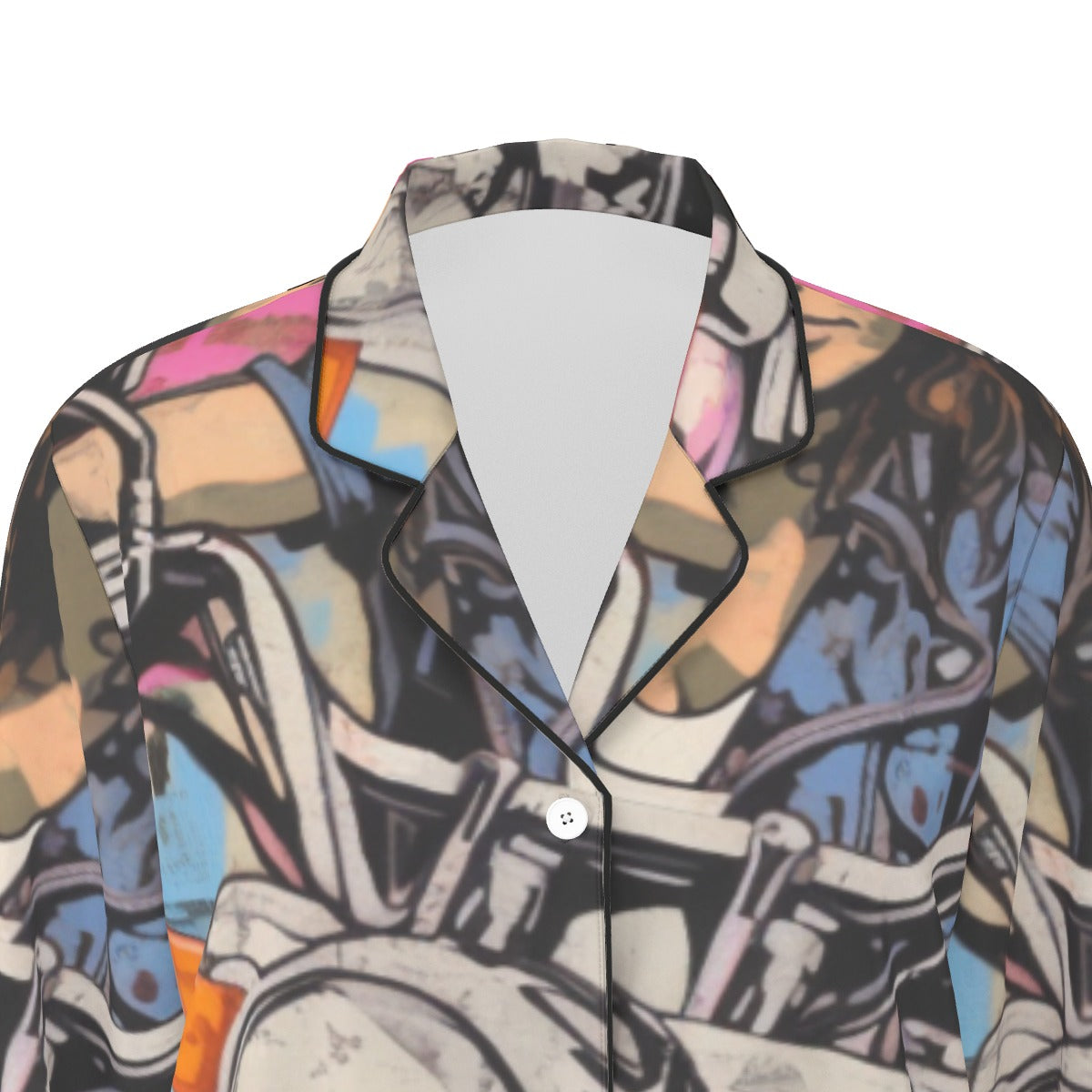 All-Over Print Women's Long Sleeve Pajama Set With Black Contrast Piping