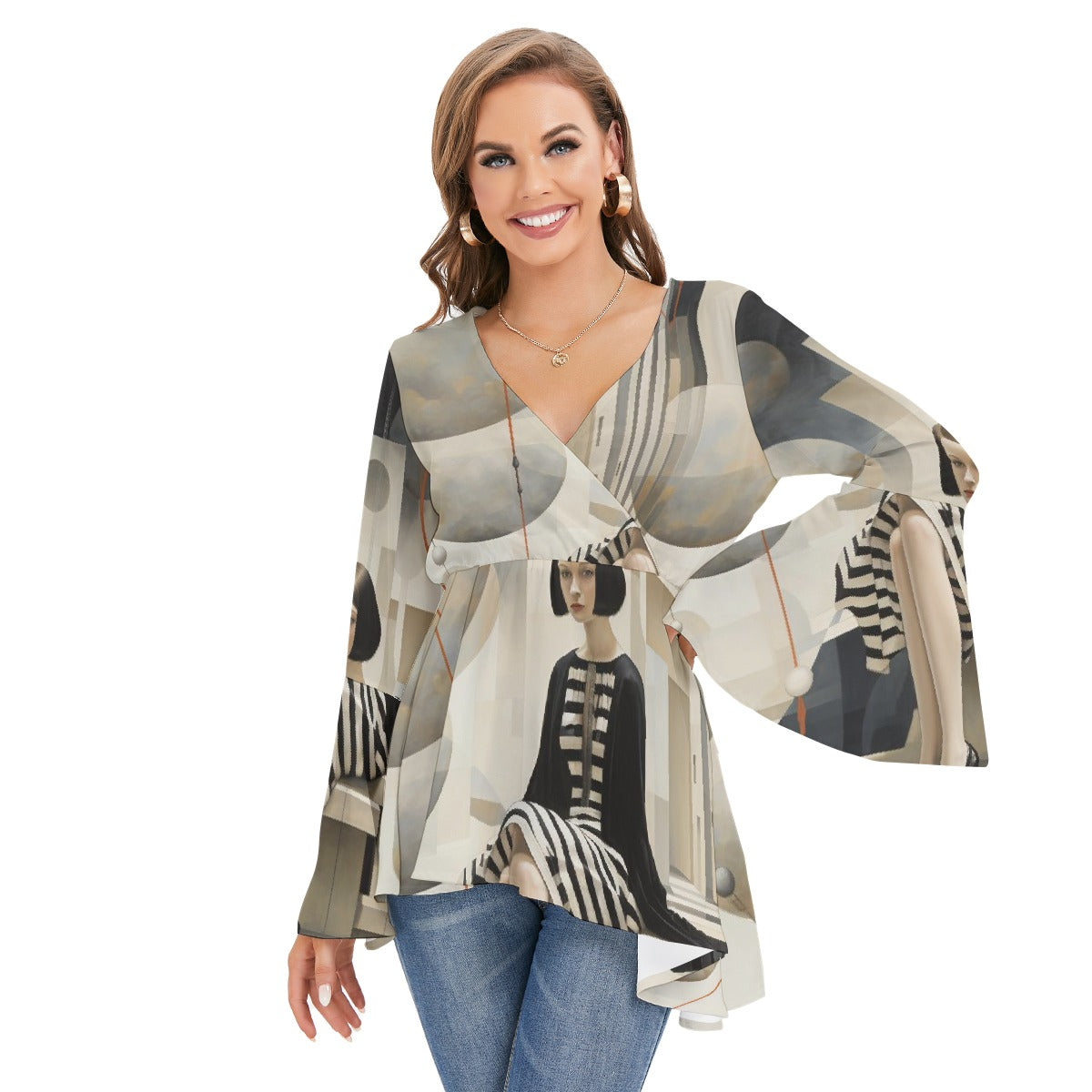 All-Over Print Women's V-neck Blouse With Flared Sleeves