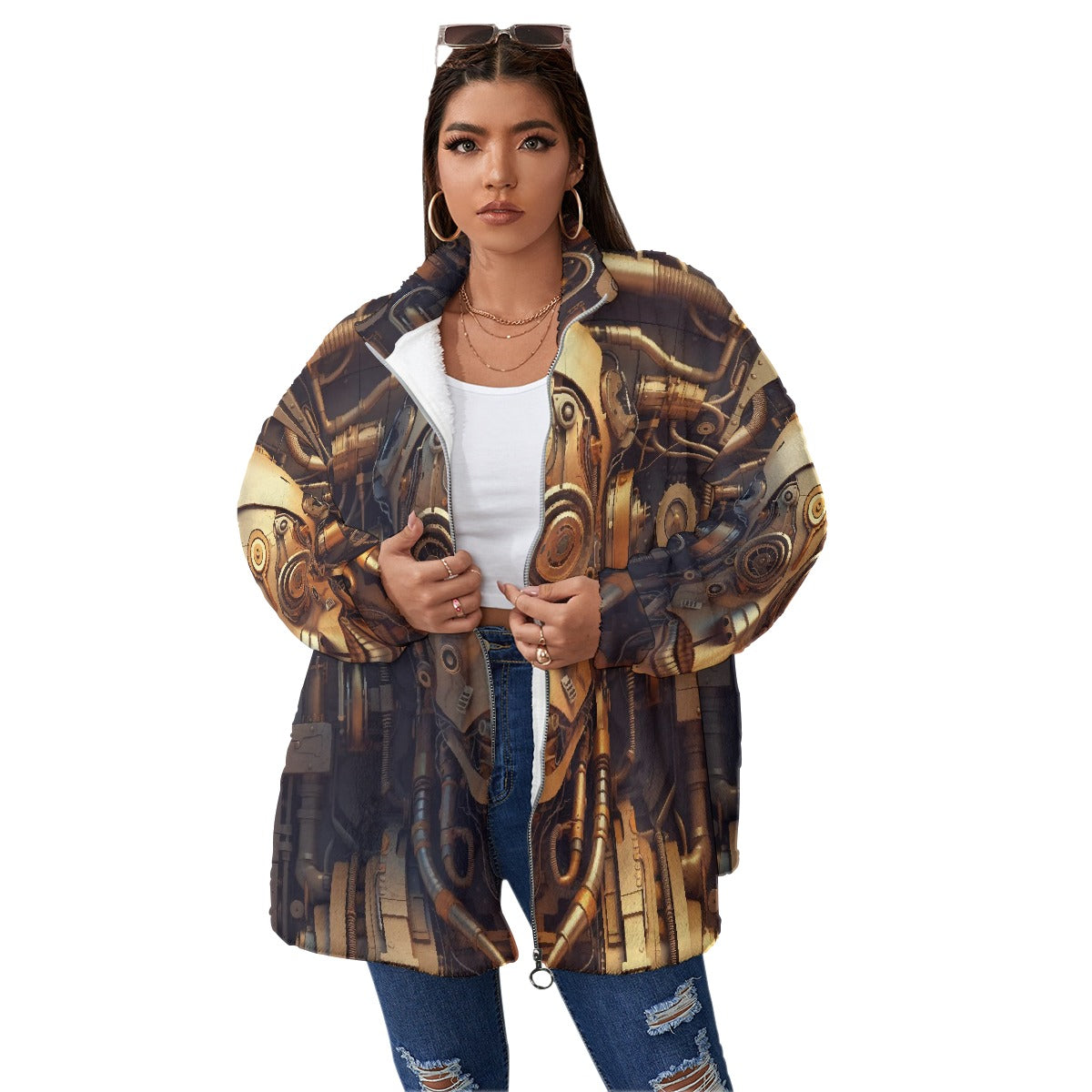 All-Over Print Unisex Borg Fleece Stand-up Collar Coat With Zipper Closure(Plus Size)