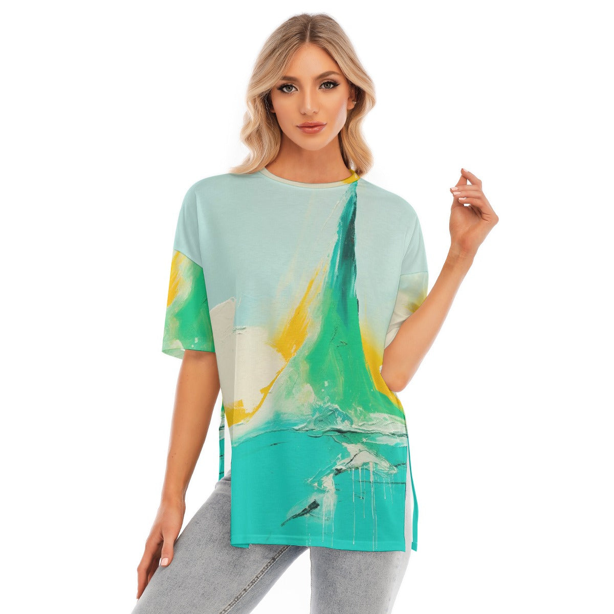 All-Over Print Women's Short Sleeves T-shirt With Hem Split