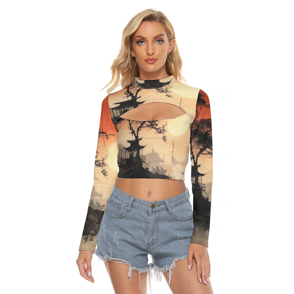 All-Over Print Women's Hollow Chest Keyhole Tight Crop Top