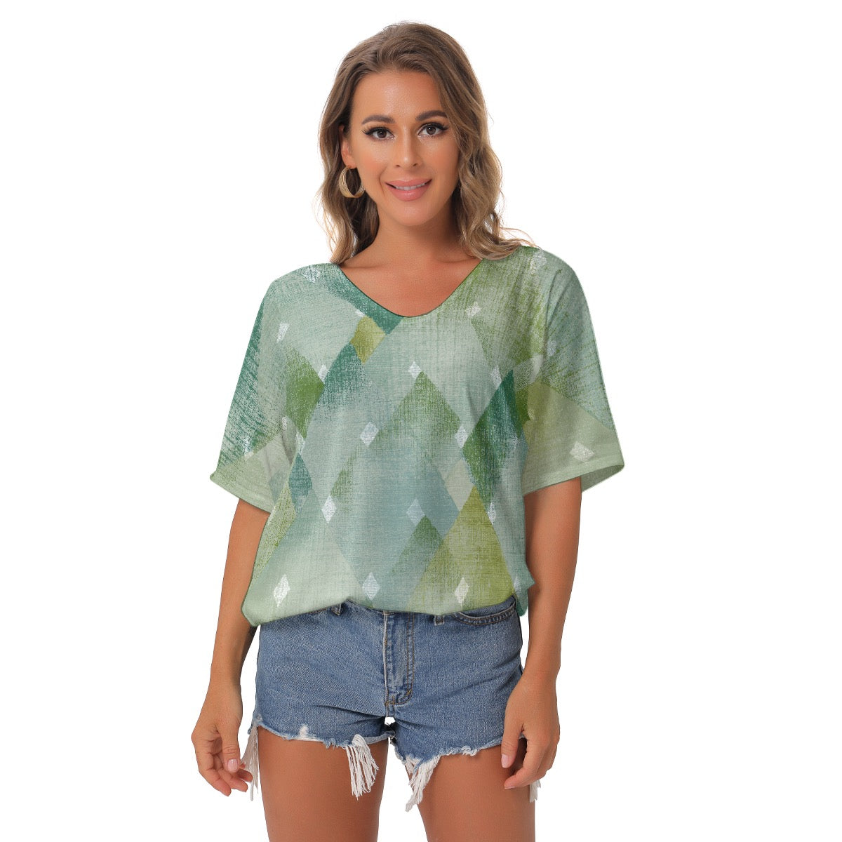 All-Over Print Women's Bat Sleeves V-Neck Blouse