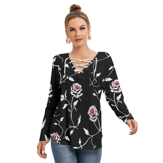 All-Over Print Women's Long Sleeve Neckline Tie Sweatshirt