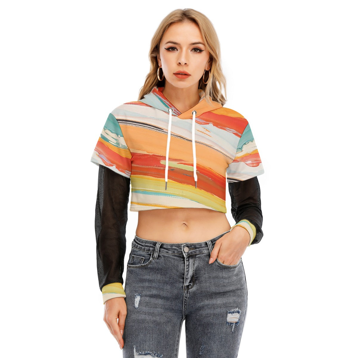 All-Over Print Women's Fake Two-piece Mesh Sleeve Cropped Hoodie
