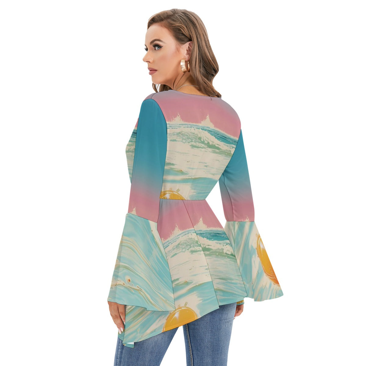 All-Over Print Women's V-neck Blouse With Flared Sleeves