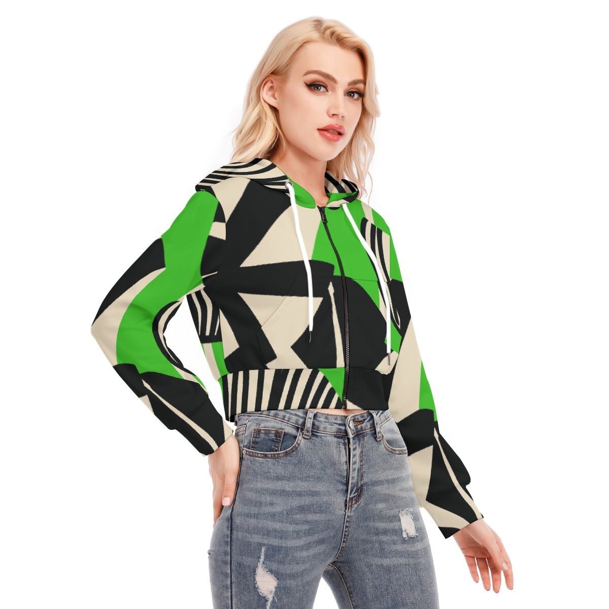 All-Over Print Women's Crop Top Hoodie With Zipper Closure