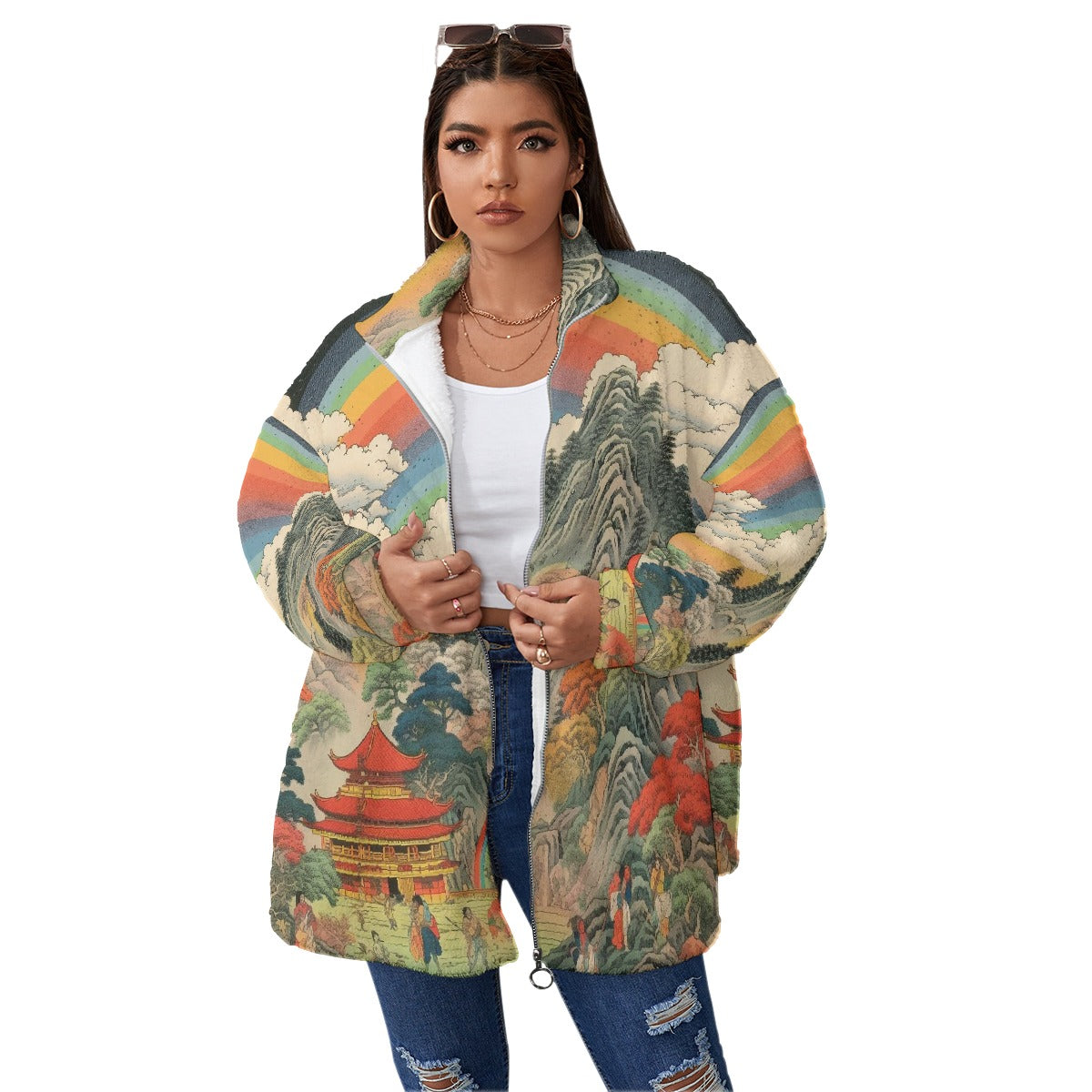 All-Over Print Unisex Borg Fleece Stand-up Collar Coat With Zipper Closure(Plus Size)