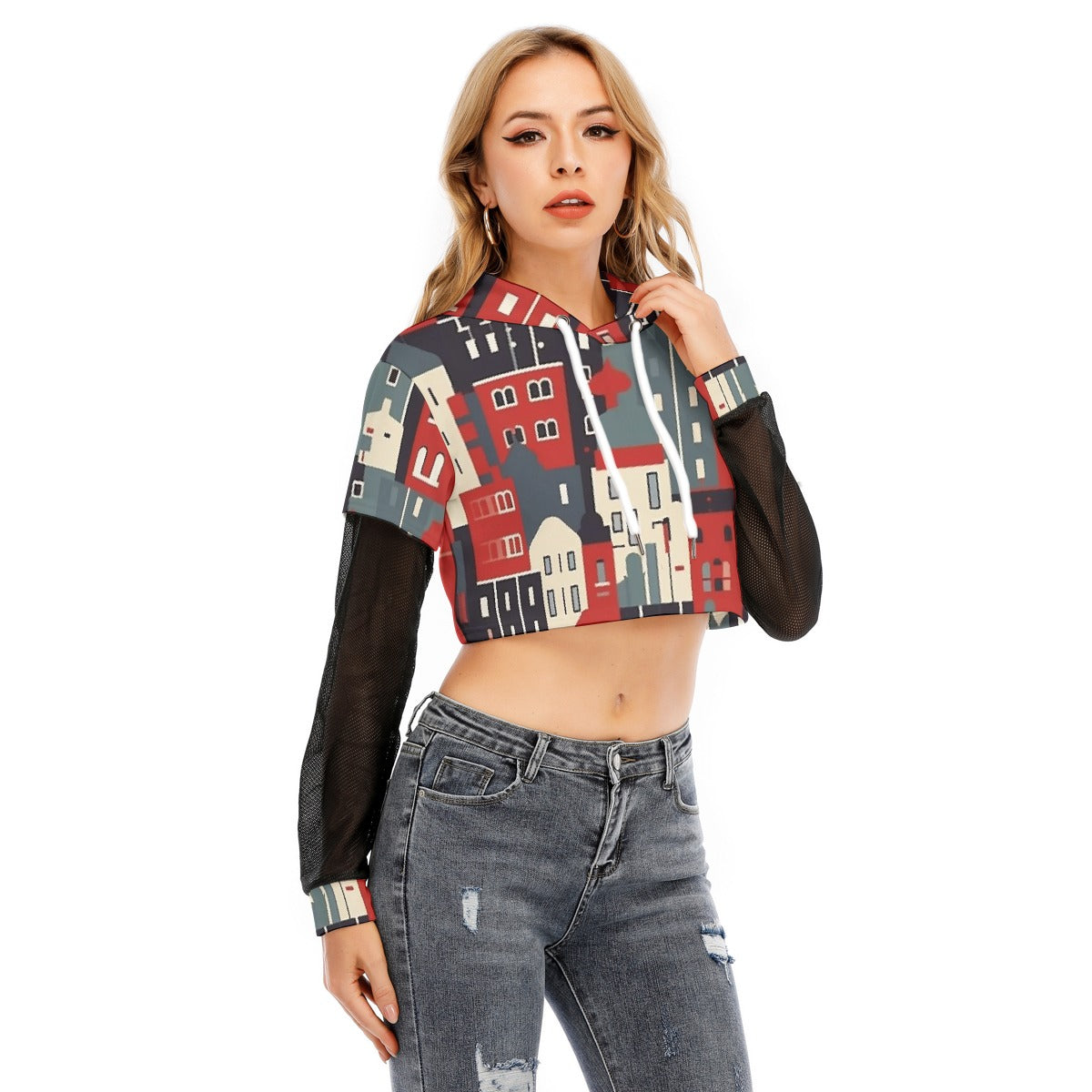 All-Over Print Women's Fake Two-piece Mesh Sleeve Cropped Hoodie