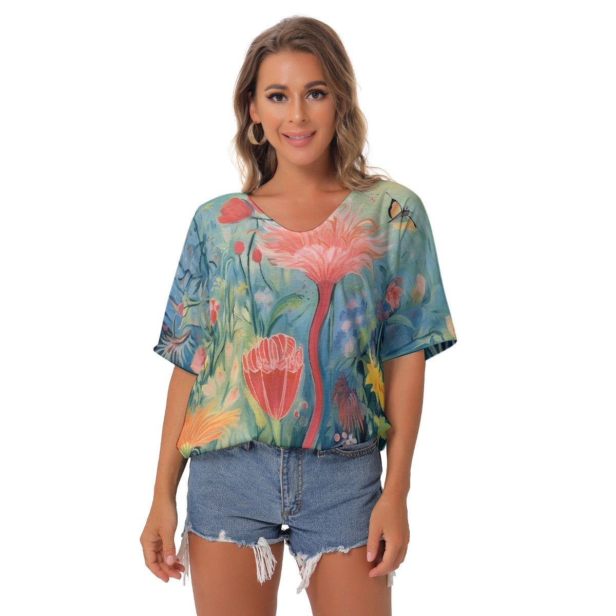 All-Over Print Women's Bat Sleeves V-Neck Blouse