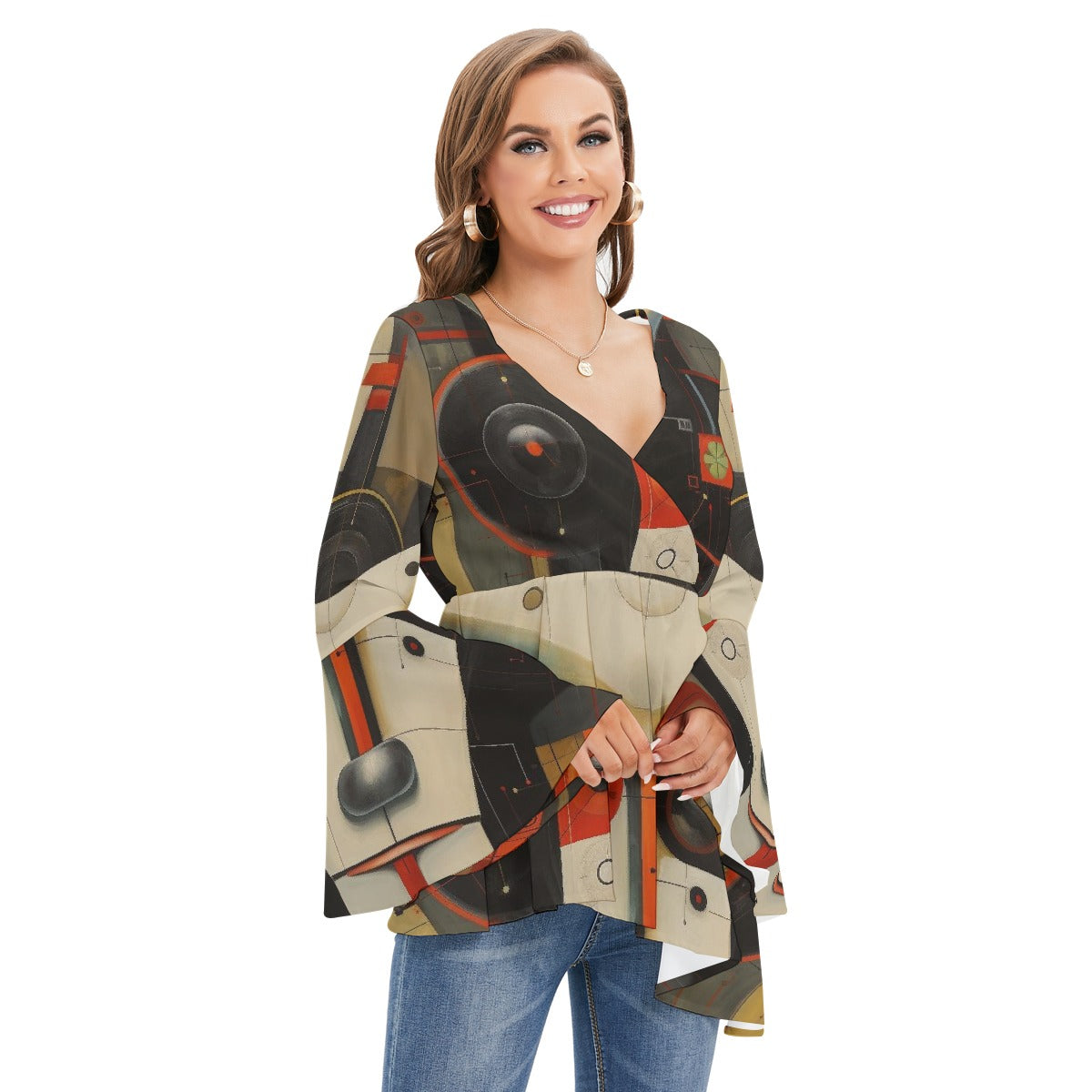 All-Over Print Women's V-neck Blouse With Flared Sleeves