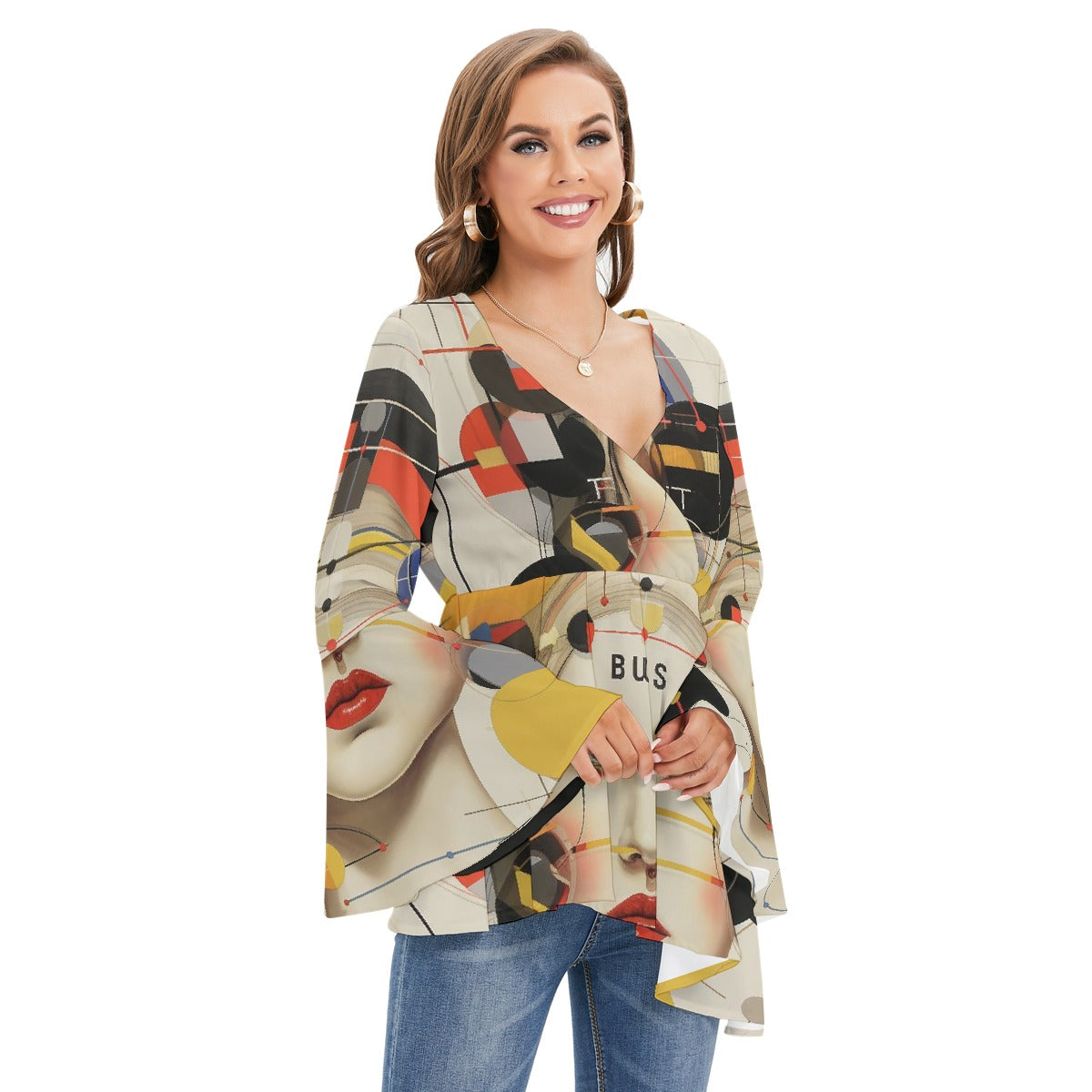 All-Over Print Women's V-neck Blouse With Flared Sleeves