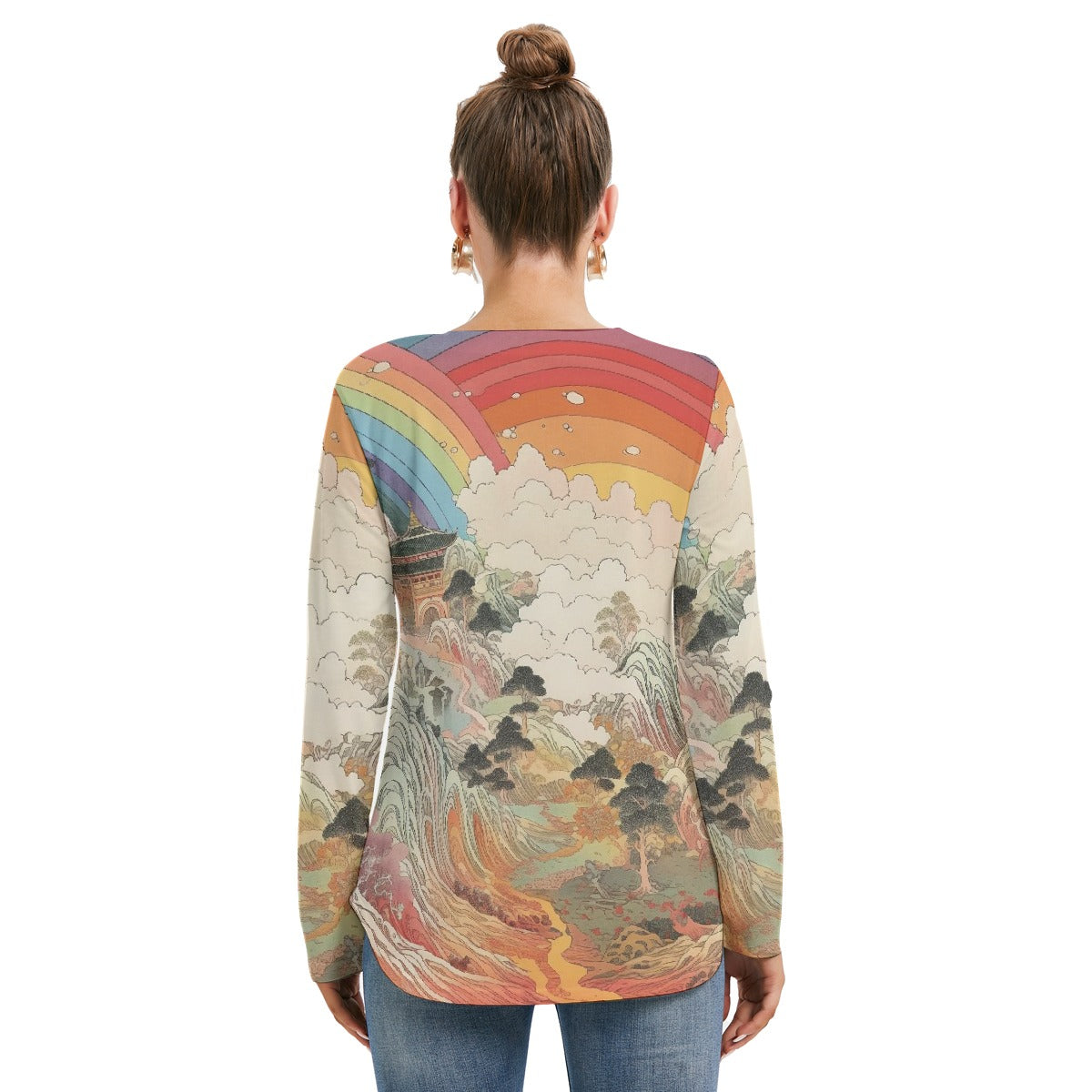 All-Over Print Women's Long Sleeve Neckline Tie Sweatshirt