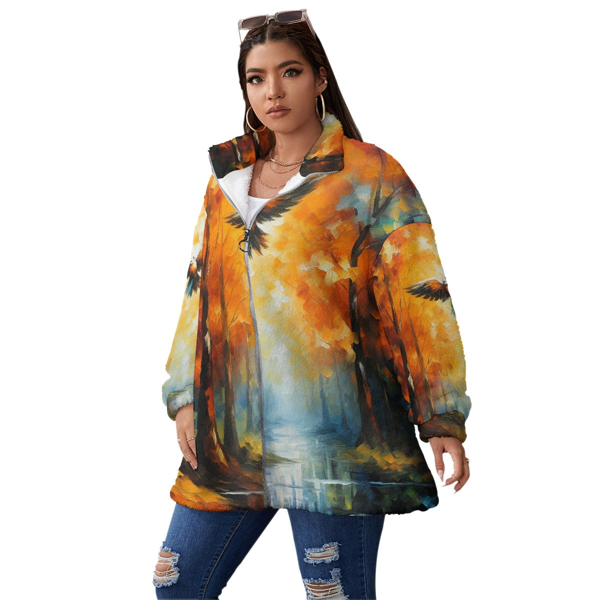 All-Over Print Unisex Borg Fleece Stand-up Collar Coat With Zipper Closure(Plus Size)