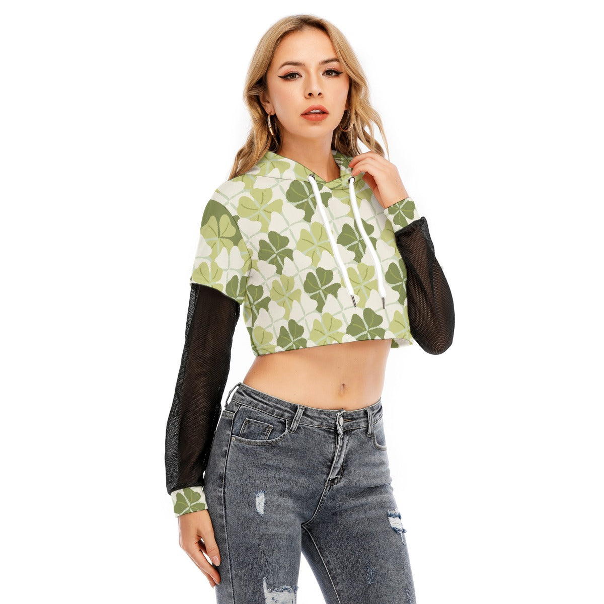 All-Over Print Women's Fake Two-piece Mesh Sleeve Cropped Hoodie