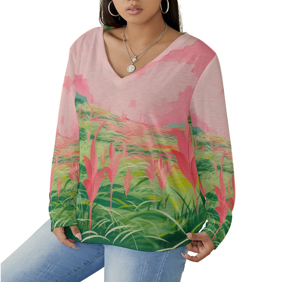 All-Over Print Women's V-neck T-shirt With Curved Hem(Plus Size)