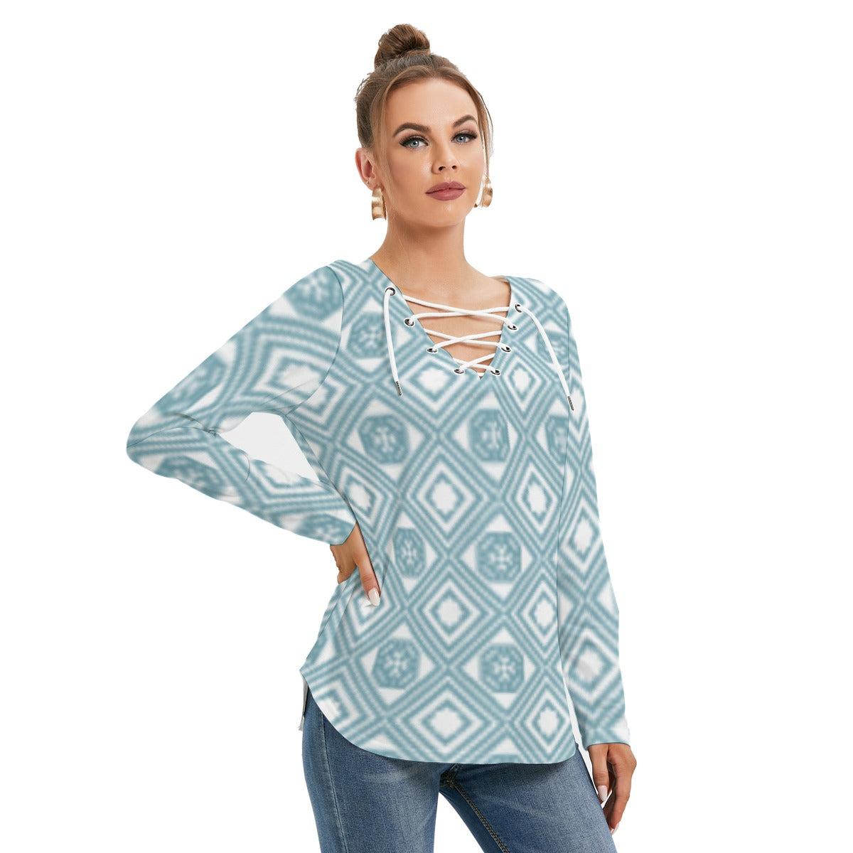 All-Over Print Women's Long Sleeve Neckline Tie Sweatshirt